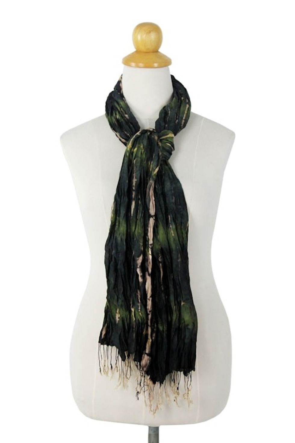 Green Crinkled Silk Scarf with Tie Dye Patterns 'Forest Mystique'