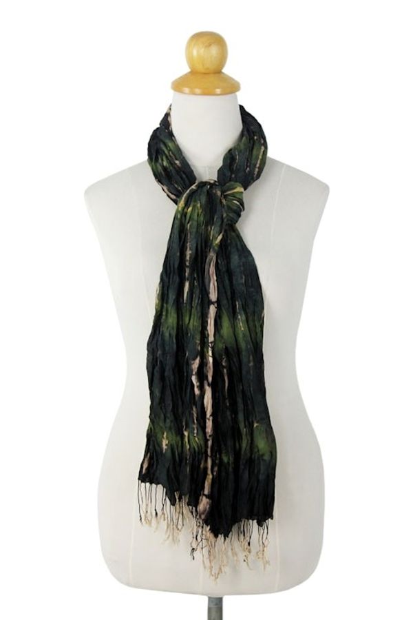 Alternate image for Green Crinkled Silk Scarf with Tie Dye Patterns Forest Mystique