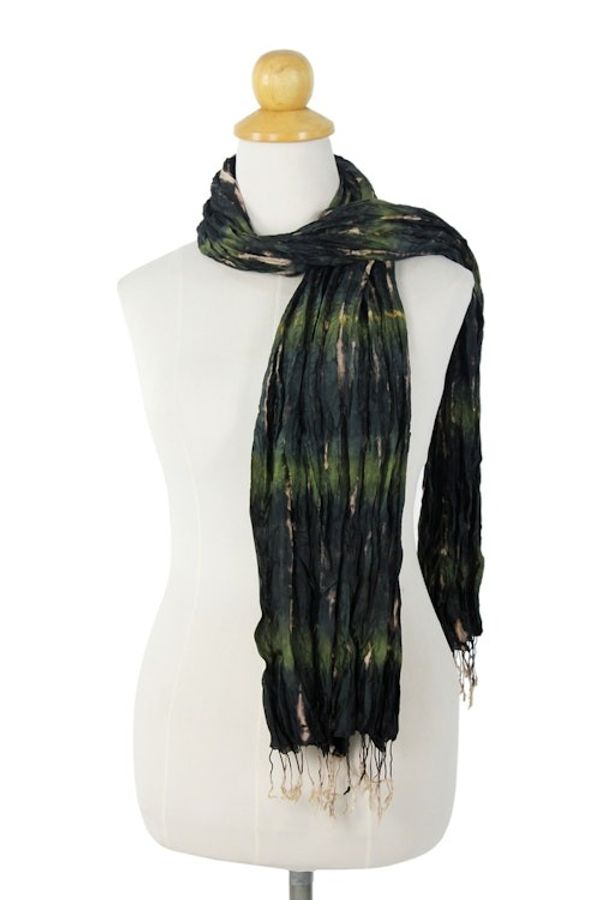 Alternate image for Green Crinkled Silk Scarf with Tie Dye Patterns Forest Mystique