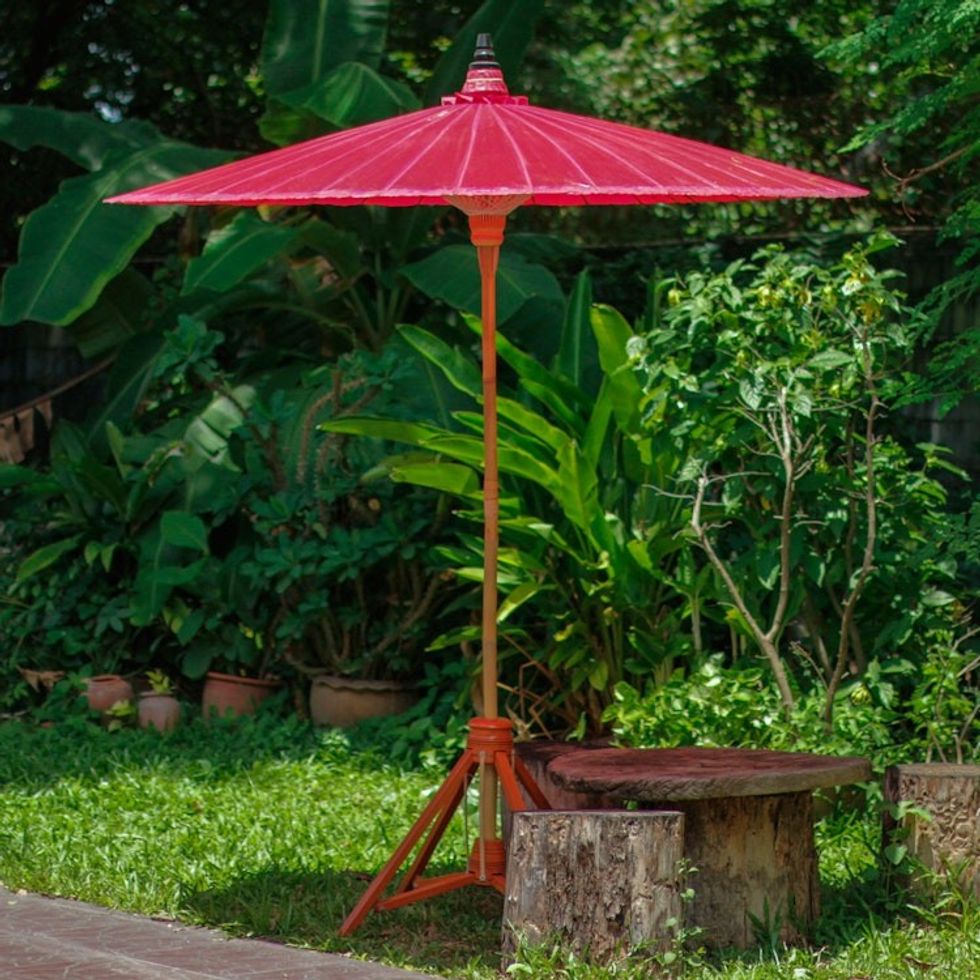 Bamboo and Cotton Handmade Red Garden Umbrella 'Happy Garden in Crimson'
