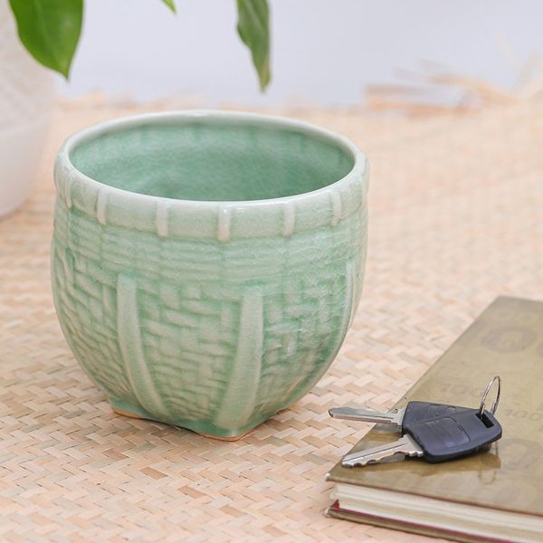 Alternate image for Handmade Green Ceramic Vase with Basket Motif Medium Basket