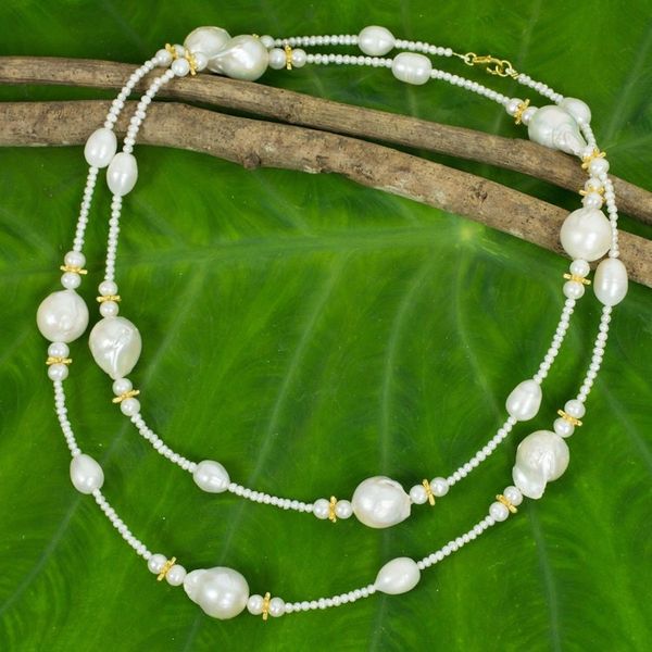 Alternate image for Golden Stars on White Pearl Strand Necklace Crafted by Hand Starry Clouds