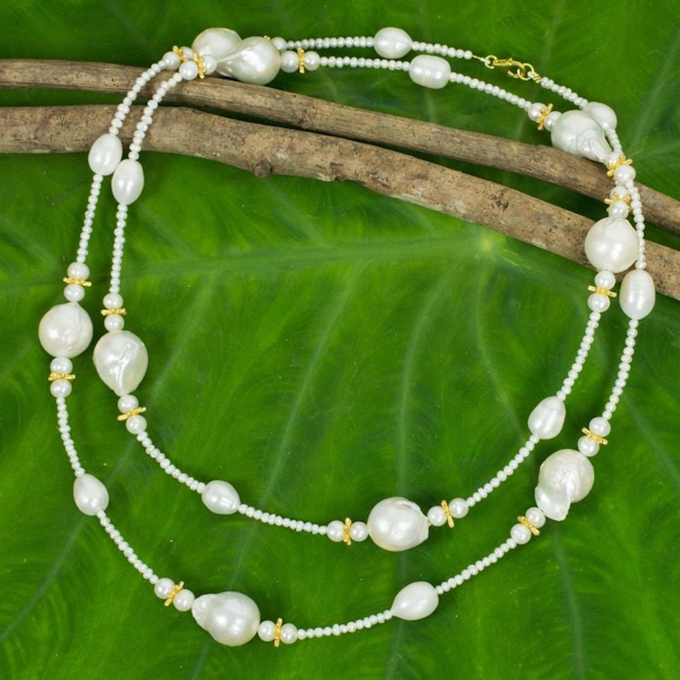 Golden Stars on White Pearl Strand Necklace Crafted by Hand 'Starry Clouds'