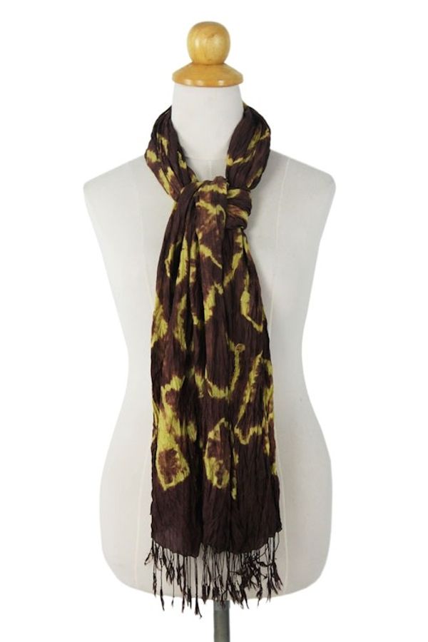 Alternate image for Hand Crafted Green on Brown Silk Tie Dye Scarf from Thailand Cocoa Dance