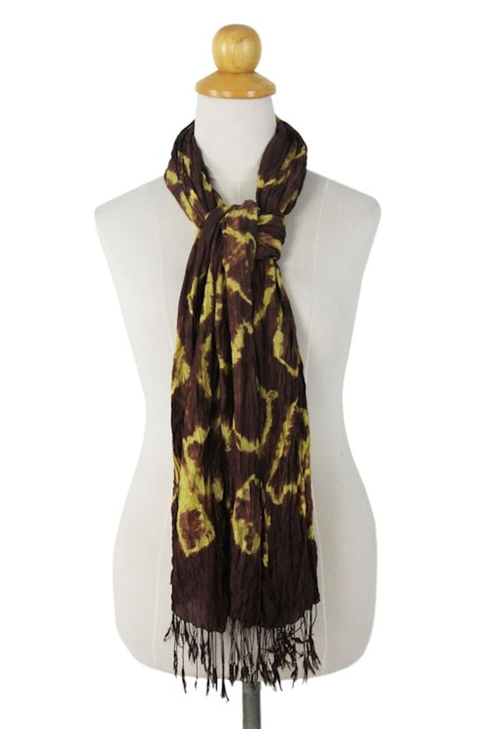 Hand Crafted Green on Brown Silk Tie Dye Scarf from Thailand 'Cocoa Dance'