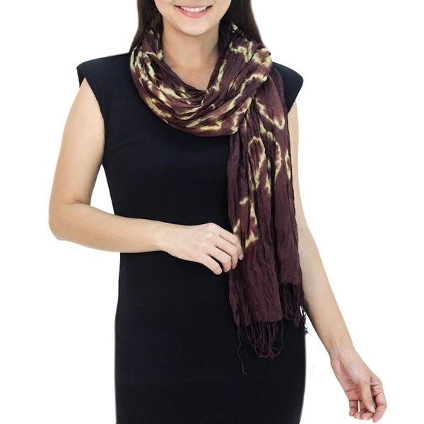 Alternate image for Hand Crafted Green on Brown Silk Tie Dye Scarf from Thailand Cocoa Dance