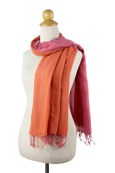 Main image for 2-in-1 Hand-woven Cotton Reversible Scarf Orange Pink Duet