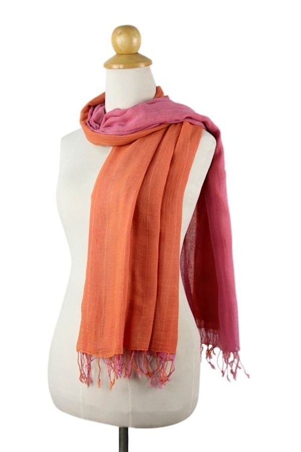Alternate image for 2-in-1 Hand-woven Cotton Reversible Scarf Orange Pink Duet