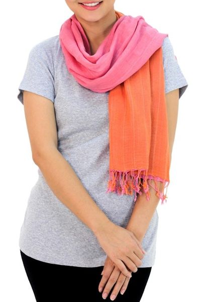 Alternate image for 2-in-1 Hand-woven Cotton Reversible Scarf Orange Pink Duet