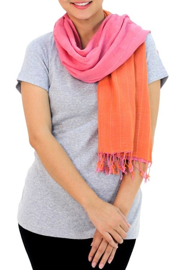 Alternate image for 2-in-1 Hand-woven Cotton Reversible Scarf Orange Pink Duet