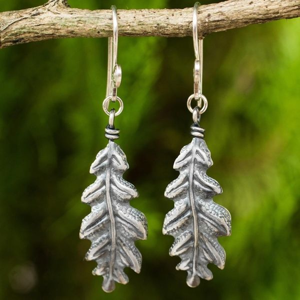 Alternate image for 925 Sterling Silver Oak Leaf Artisan Crafted Earrings Midnight Oak Leaf