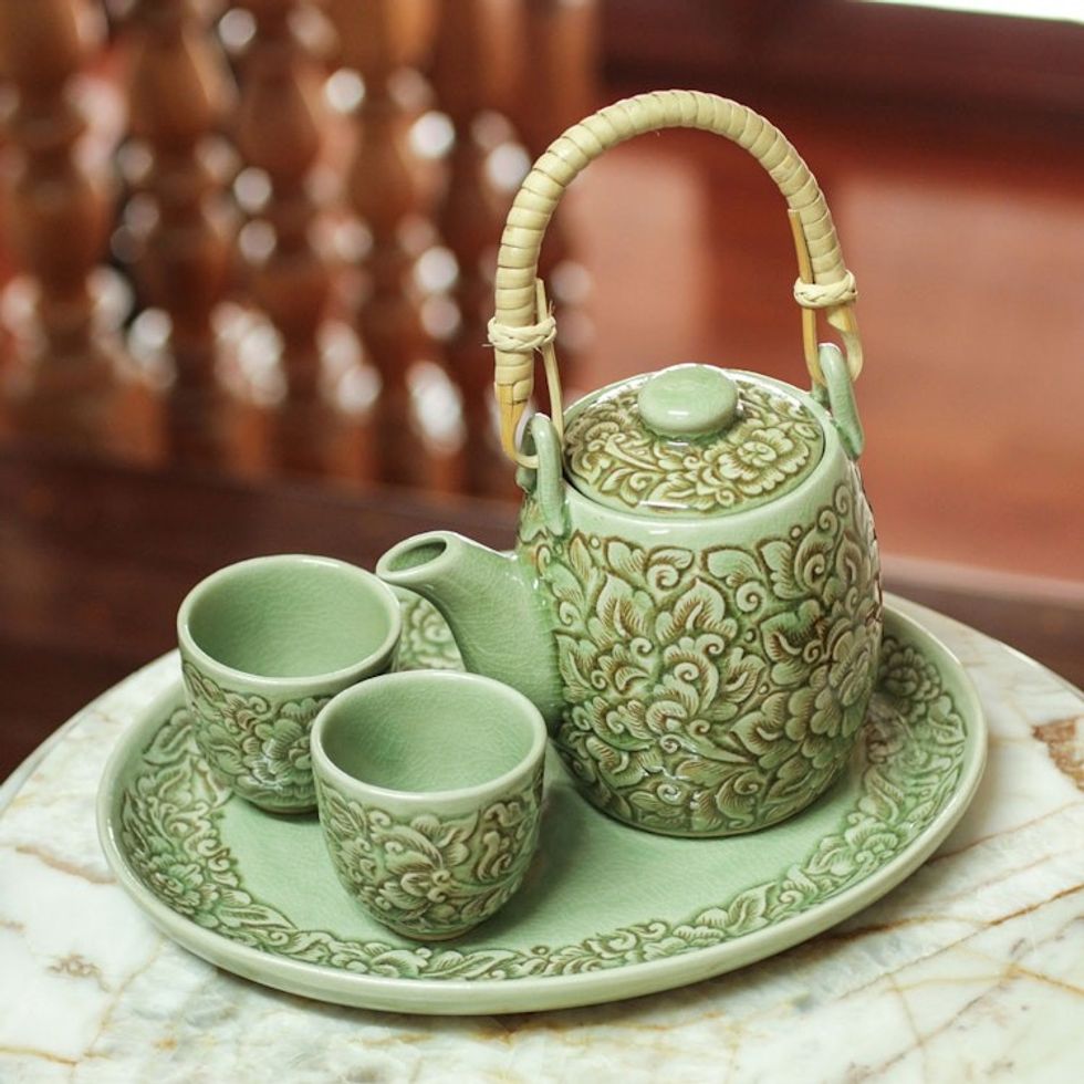 Thai Floral Celadon Ceramic Tea Set set for 2 'Thai Camellia in Brown'