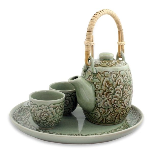 Alternate image for Thai Floral Celadon Ceramic Tea Set set for 2 Thai Camellia in Brown