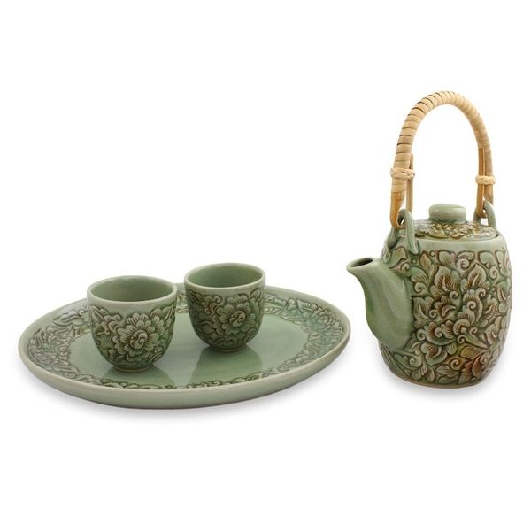 Alternate image for Thai Floral Celadon Ceramic Tea Set set for 2 Thai Camellia in Brown