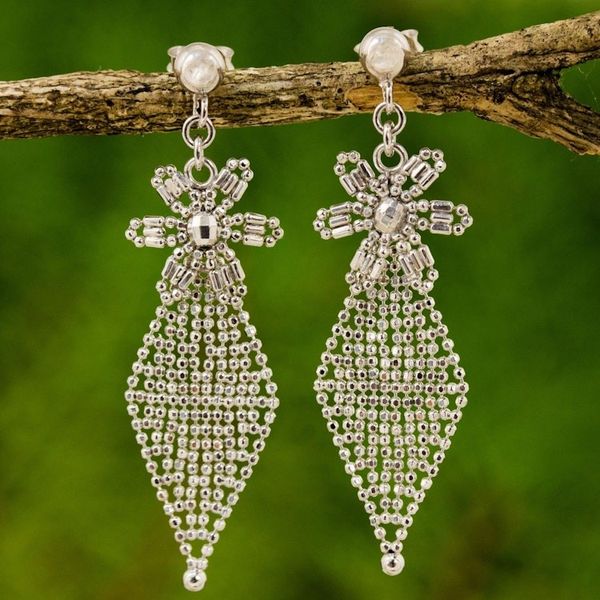 Alternate image for Thai Handcrafted Sterling Silver Daisy Dangle Earrings Daisy Diamond