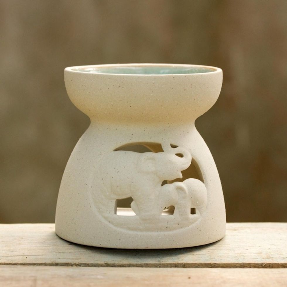 Ceramic Oil Warmer with Elephant Carving from Thailand 'Mother and Child Elephant'