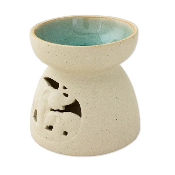 Alternate image for Ceramic Oil Warmer with Elephant Carving from Thailand Mother and Child Elephant