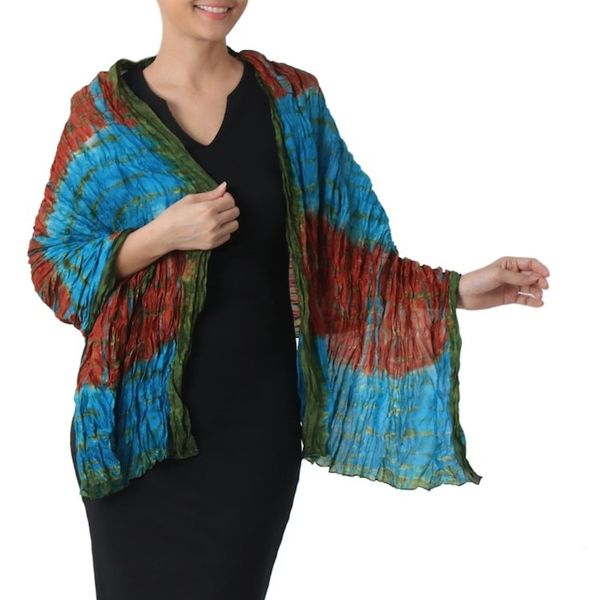 Alternate image for Hand Woven Tie Dye Silk Shawl in Multicolor from Thailand Dreamlike Dance