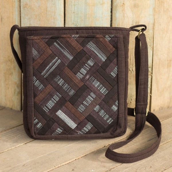 Alternate image for Cotton Thai Applique Dark Brown Shoulder Bag with 3 Pockets Dark Brown Siam