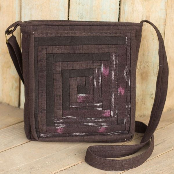 Alternate image for Cotton Thai Applique Dark Brown Shoulder Bag with 3 Pockets Dark Brown Siam