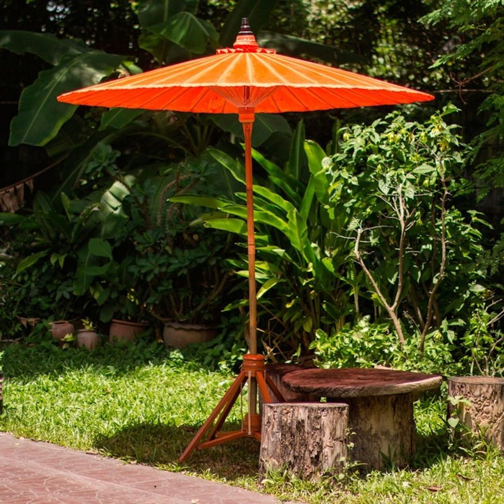 Artisan Crafted Decorative Orange Cotton Garden Umbrella 'Happy Garden in Orange'