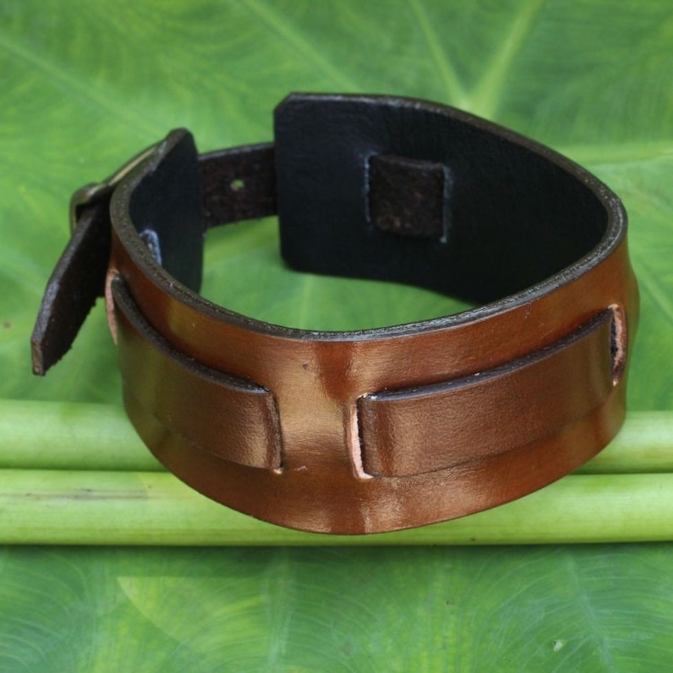 Men's Artisan Crafted Leather Wristband Bracelet 'Lanna Warrior in Brown'