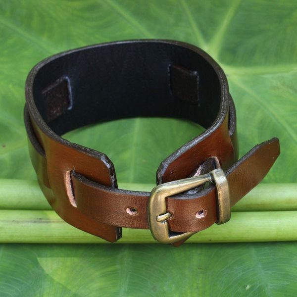 Alternate image for Mens Artisan Crafted Leather Wristband Bracelet Lanna Warrior in Brown