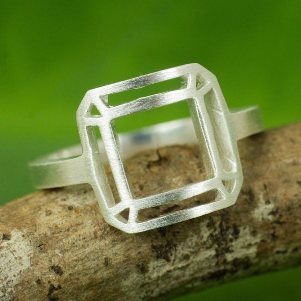 Alternate image for Thai Brushed Sterling Silver Geometric Cocktail Ring Satin Window