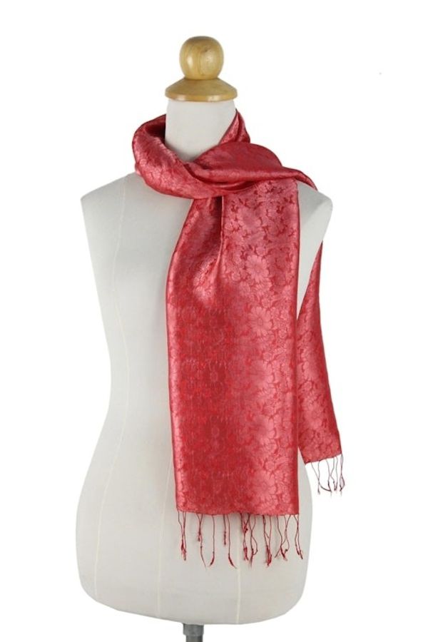 Alternate image for Red Floral Rayon and Silk Thai Scarf Crimson Bouquet