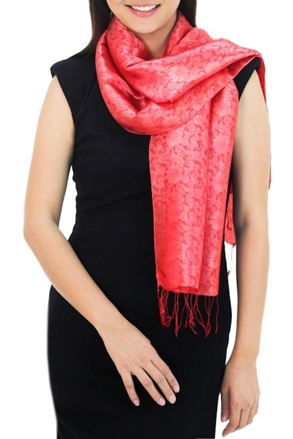 Alternate image for Red Floral Rayon and Silk Thai Scarf Crimson Bouquet