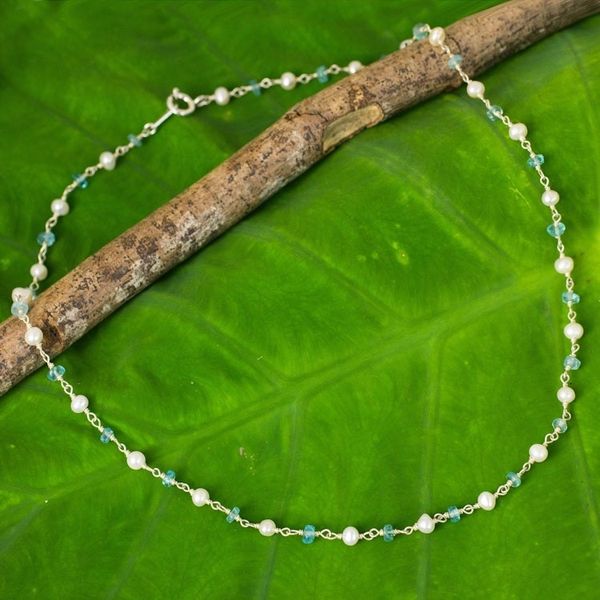 Alternate image for Thai White Pearl and Silver Strand Necklace with Apatite Luminous Morn
