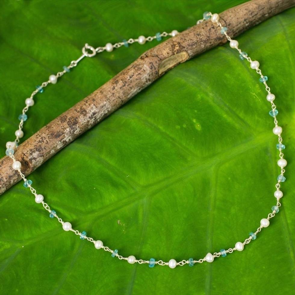 Thai White Pearl and Silver Strand Necklace with Apatite 'Luminous Morn'