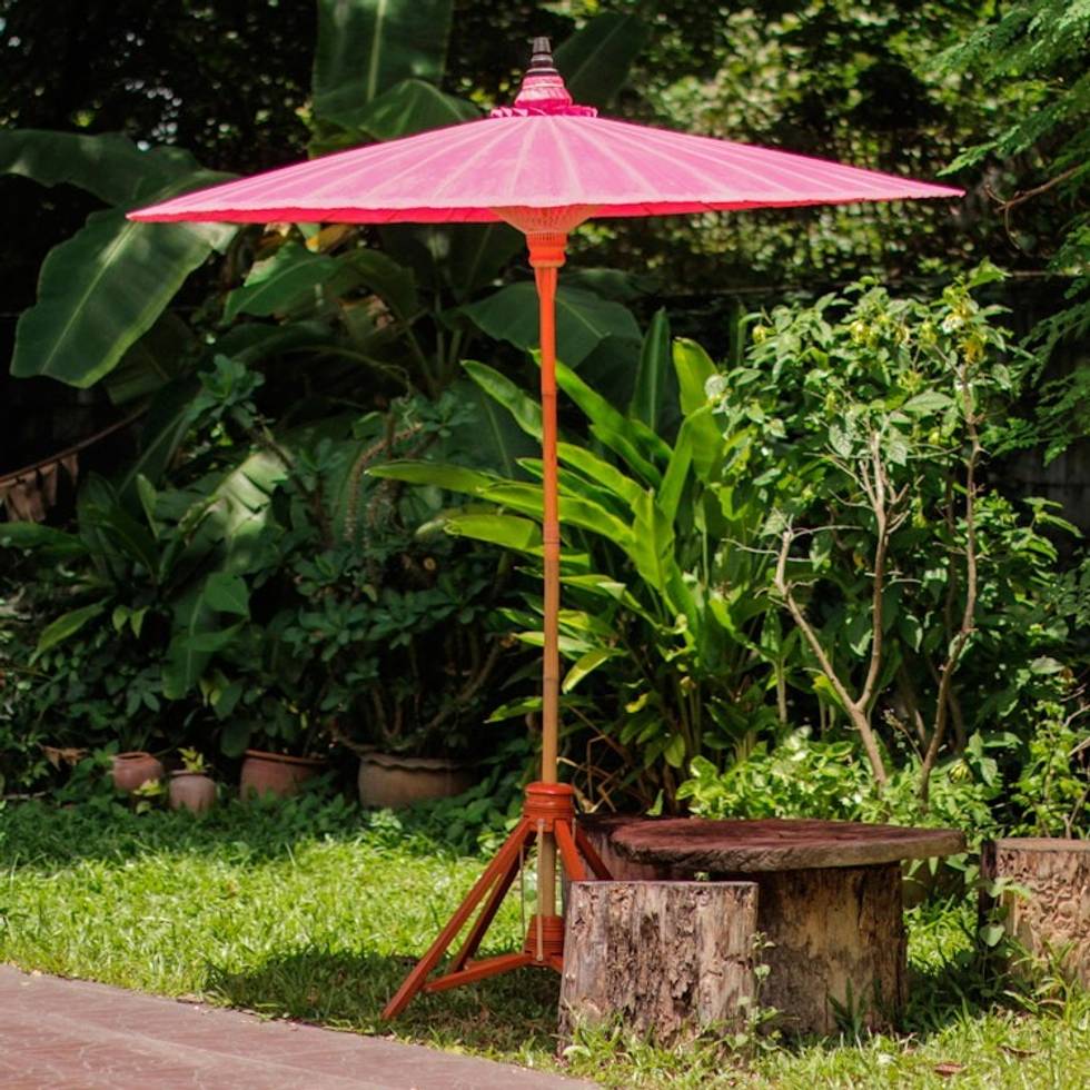 Pink Garden Umbrella Crafted from Cotton and Bamboo 'Happy Garden in Pink'