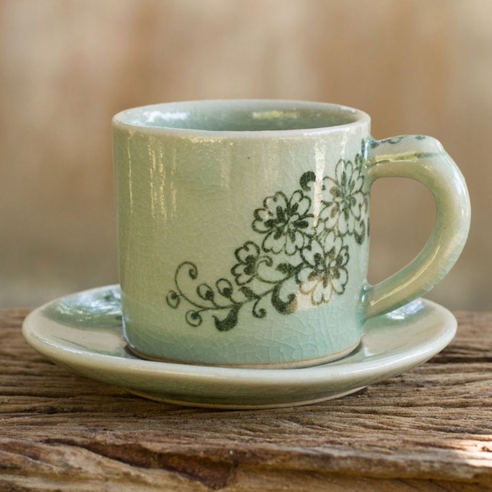 Hand Painted Green Celadon Espresso Cup and Saucer 'Jade Blossoms'