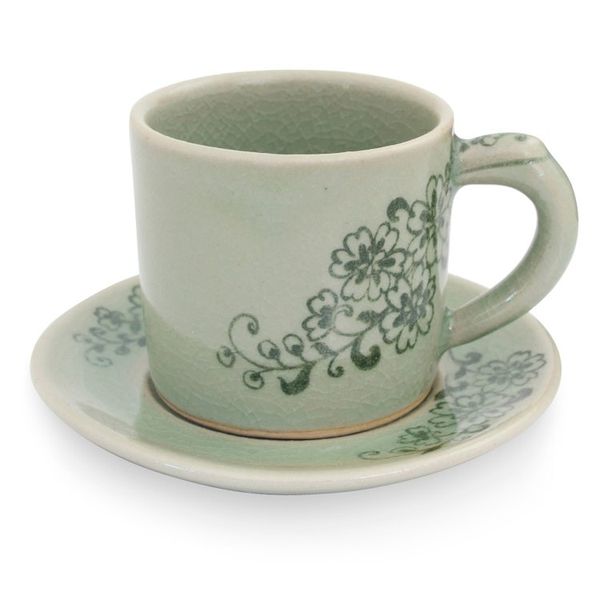 Alternate image for Hand Painted Green Celadon Espresso Cup and Saucer Jade Blossoms