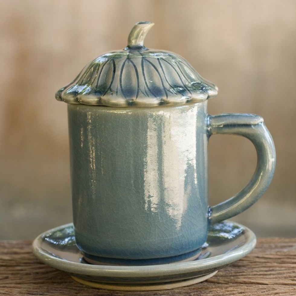 Blue Celadon Ceramic Covered Cup and Saucer from Thailand 'Blue Lotus Leaf'