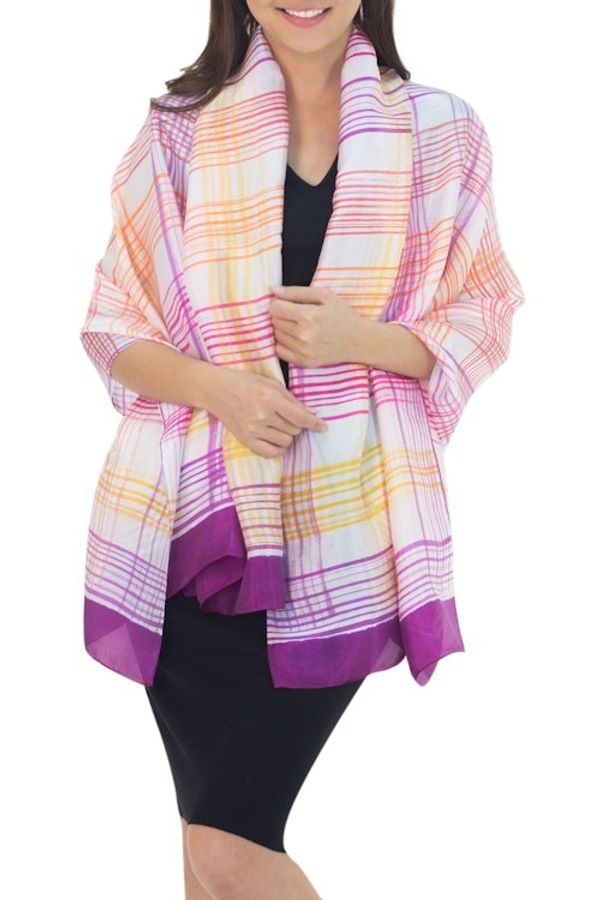 Alternate image for Fair Trade Pink and Purple Silk Blend Shawl with Yellow Sunny Rose Plaid