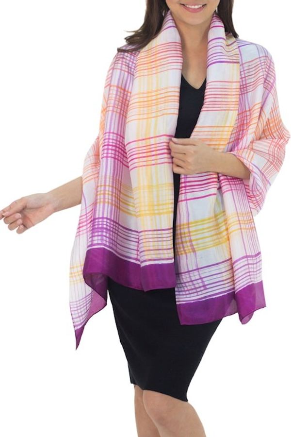 Alternate image for Fair Trade Pink and Purple Silk Blend Shawl with Yellow Sunny Rose Plaid