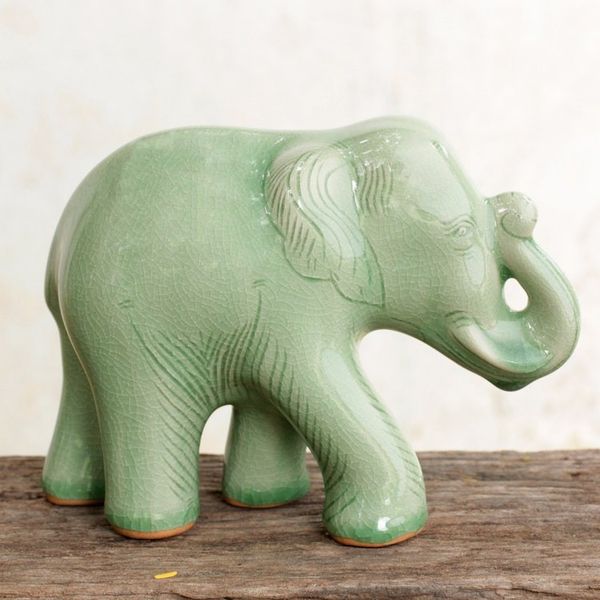 Alternate image for Celadon Ceramic Happy Elephant Figurine by Thai Artisans Smiling Elephant