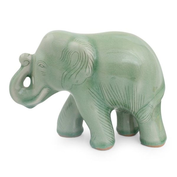Alternate image for Celadon Ceramic Happy Elephant Figurine by Thai Artisans Smiling Elephant