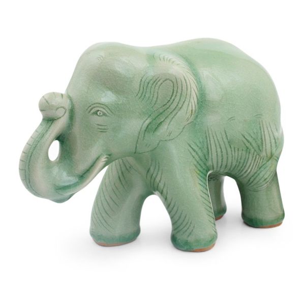Alternate image for Celadon Ceramic Happy Elephant Figurine by Thai Artisans Smiling Elephant