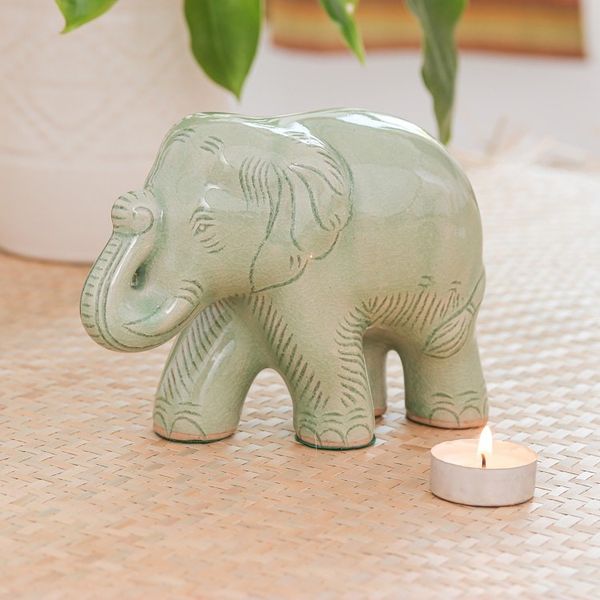 Alternate image for Celadon Ceramic Happy Elephant Figurine by Thai Artisans Smiling Elephant