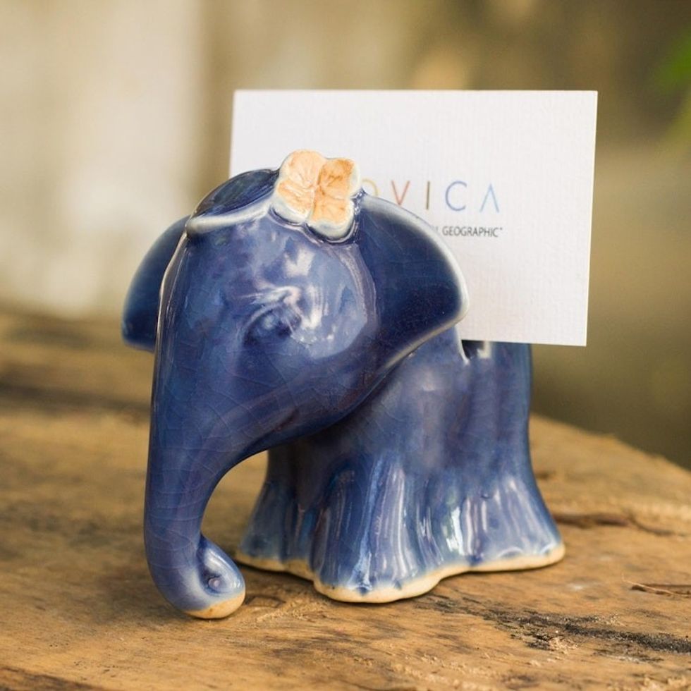 Elephant with Flower Celadon Ceramic Business Card Holder 'Elephant Girl'