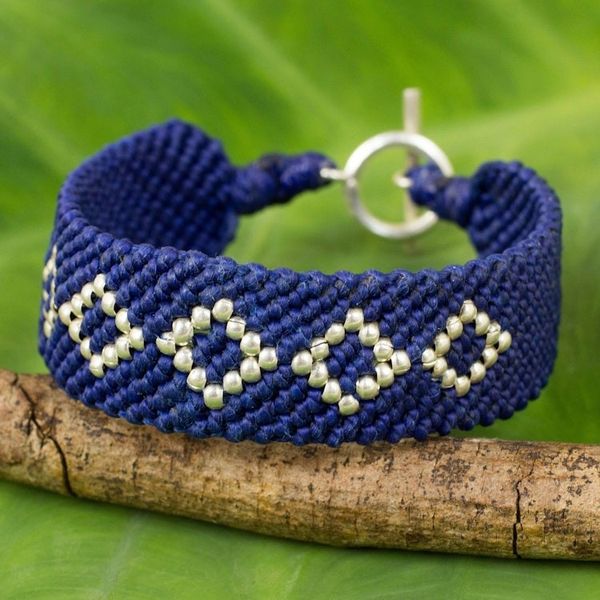 Alternate image for Hand Crafted Polyester Braided Bracelet with Silver Beads Blue Geometric