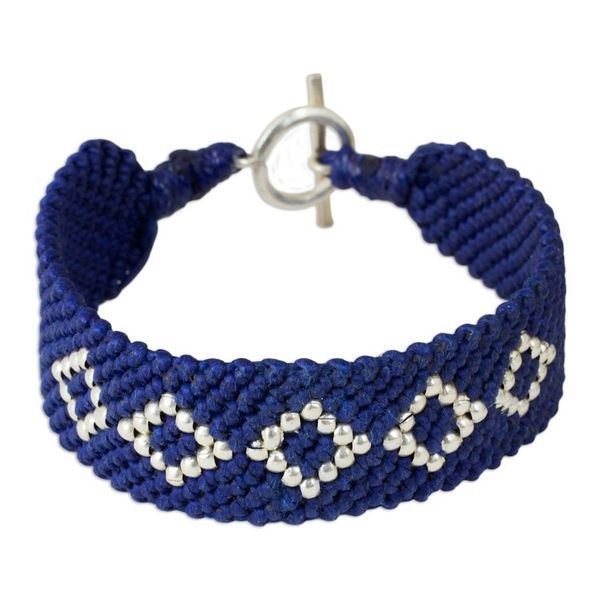 Alternate image for Hand Crafted Polyester Braided Bracelet with Silver Beads Blue Geometric