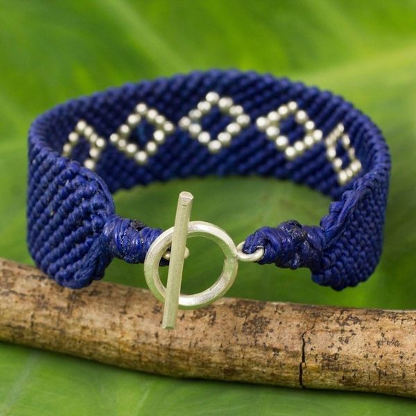 Alternate image for Hand Crafted Polyester Braided Bracelet with Silver Beads Blue Geometric