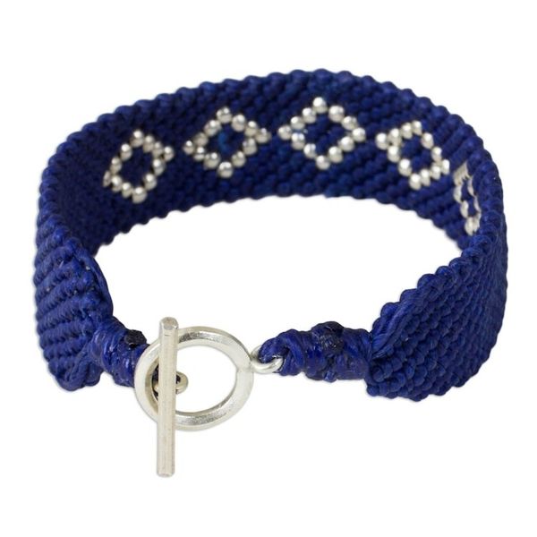 Alternate image for Hand Crafted Polyester Braided Bracelet with Silver Beads Blue Geometric