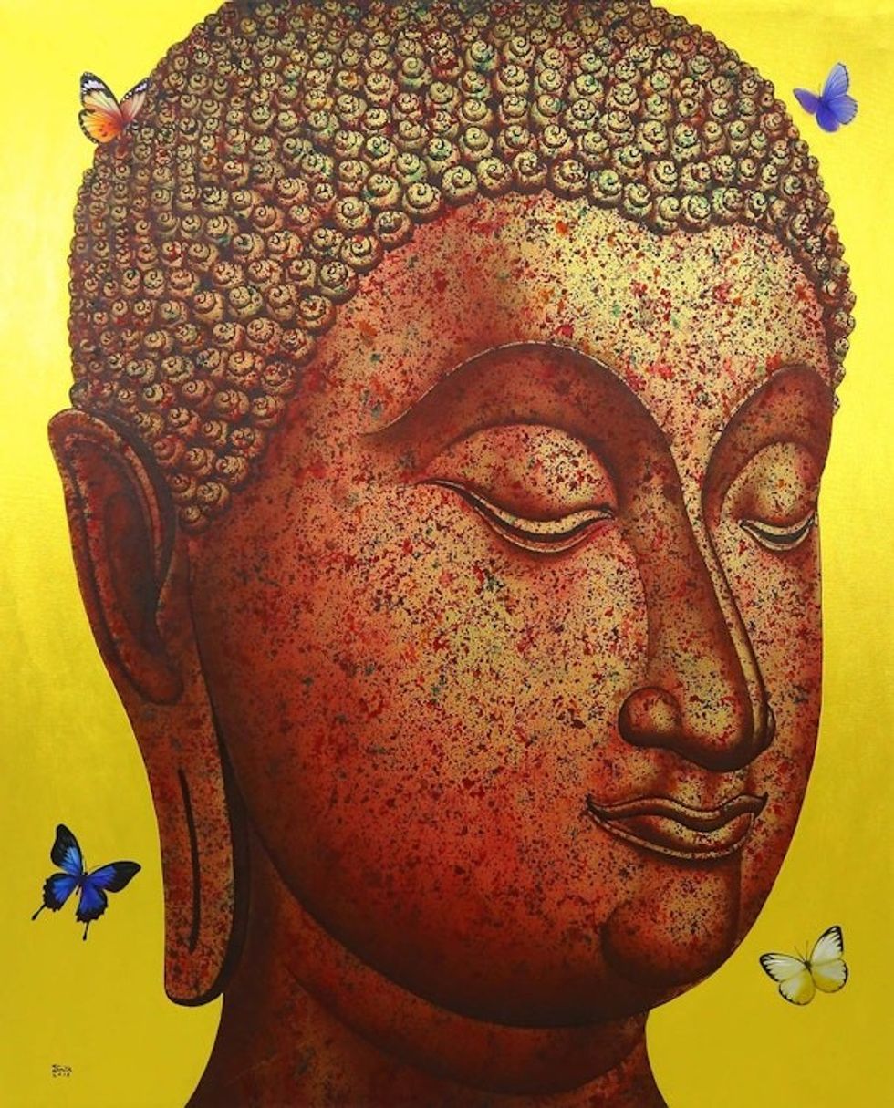 Golden Sukhothai Buddha with Butterflies Thai Painting 'Buddha Image in Gold I'