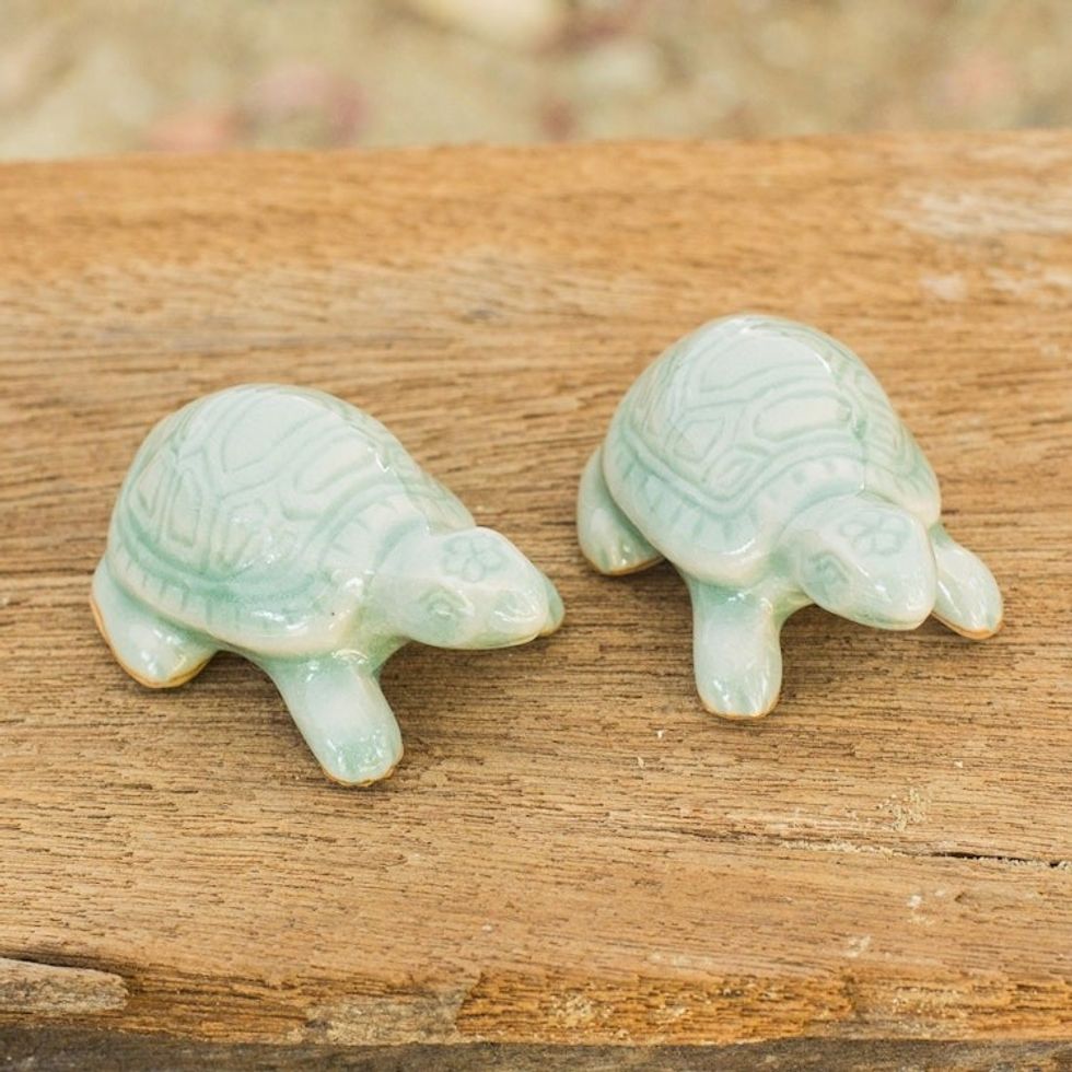 Celadon Ceramic Turtle Sculptures in Light Blue Pair 'Sky Blue Resilient Turtles'
