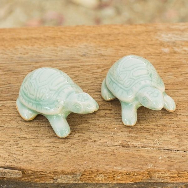 Alternate image for Celadon Ceramic Turtle Sculptures in Light Blue Pair Sky Blue Resilient Turtles